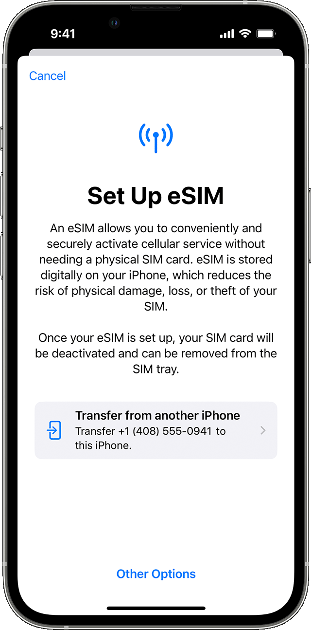 Transfer a physical SIM or eSIM on your previous iPhone to an eSIM