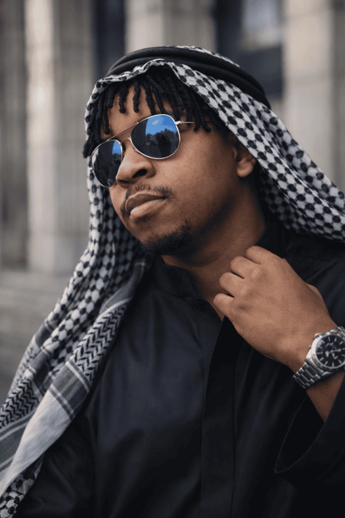 Ultra-realistic cinematic portrait in Arabian attire generated using ChatGPT on the free tier, from an AI image prompt by Victor Ijomah