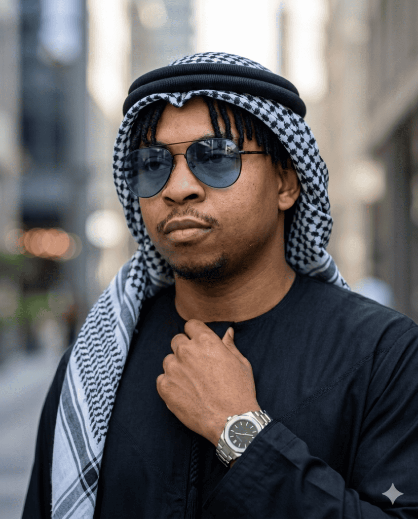 Cinematic portrait in Arabian attire generated using Gemini on the free tier, from an AI image prompt by Victor Ijomah