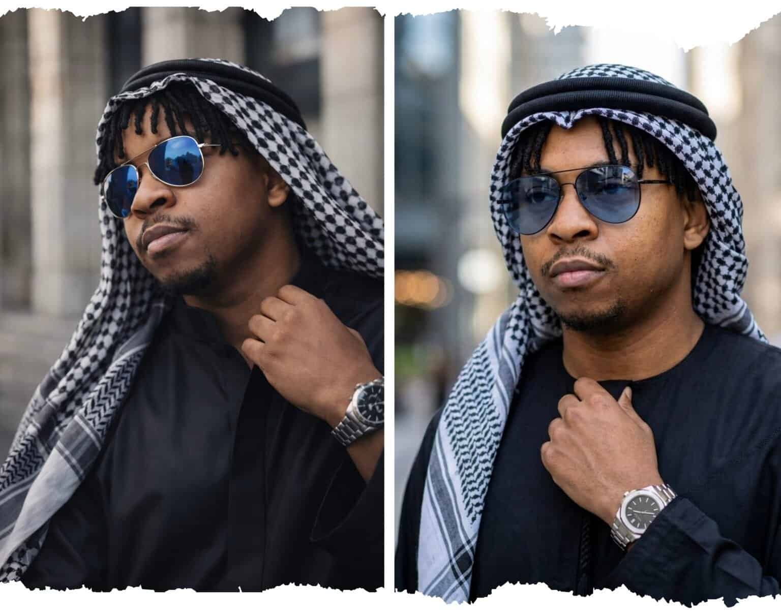 Ultra-realistic cinematic portrait of a man in traditional Arabian attire with keffiyeh, sunglasses, and luxury watch, generated using an AI image prompt by Victor Ijomah