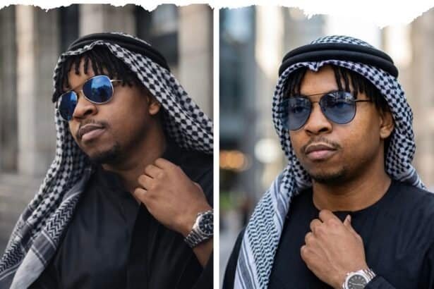 Ultra-realistic cinematic portrait of a man in traditional Arabian attire with keffiyeh, sunglasses, and luxury watch, generated using an AI image prompt by Victor Ijomah